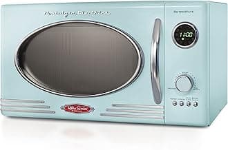 Nostalgia Retro Microwave Oven UKNRMO9AQ6A, 25Litres, 900 Watts with 5 Power Levels, 12 Pre-Programmed Cooking Settings, Turntable, Digital Clock, Aqua Colour