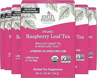 Earth Mama Organic Raspberry Leaf Tea Bags | Labor Tonic & Menstrual Support Herbal Tea, Red Raspberry Leaf Tea for Pregnancy & Postpartum Care Recovery, Caffeine Free Tea, Non GMO, (16 Teabags, 6-Pk)
