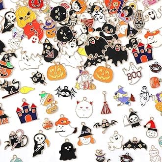 MARFOREVER Halloween Charms, 120PCS Halloween Charms for Jewelry Making, Assorted Pumpkin Ghost Skeleton Bat Witch Enamel Charm Pendants for Bracelet Necklace Earrings DIY Crafts