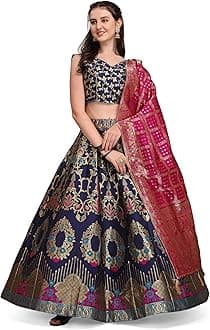 Women's Jacquard Semi-Stitched Lehenga choli, Navy Blue, One size, Navy Blue, One Size