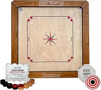Siscaa Tournament Sureslam Carrom Board - Premium Indian Ply - Includes Sure Slam Coin, Genius Striker, Top Cover, 30gm Powder - Siscaa Carrom Board Full Size 35 inch for Champions