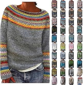 Fairisle Jumper Women Autumn Winter Knitting Jumpers Isle Print Jacquard Sweater Tops Loose Fit Crew Neck Sweatshirts Long Sleeve Vintage Pullover Plus Size Christmas Jumpers for Women