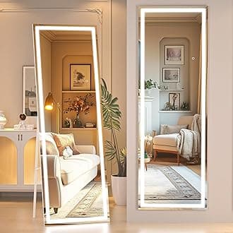 Hasipu Full Length Mirror with Lights, 56" x 15.8" LED Floor Mirror, Full Body Dressing Standing, Hanging Mounted Mirror for Living Room Bedroom Cloakroom, Square White