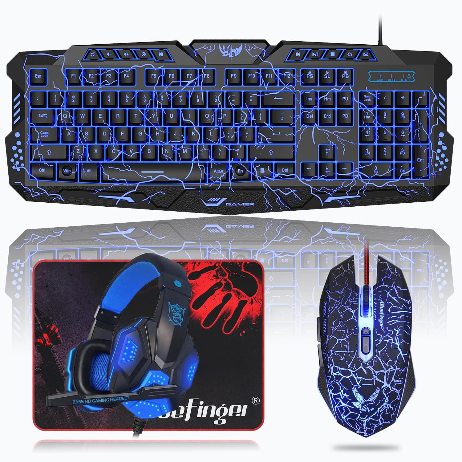 BlueFinger Backlit Gaming Keyboard, Mouse and LED Headset Combo - USB Wired 3 Color Crack Backlit, Blue LED Light Headset - Set for Work and Game