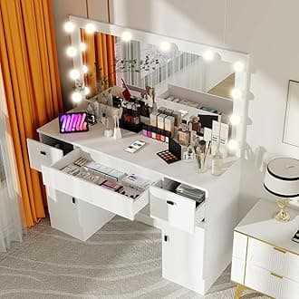 Wakefit - Vanity Desk with Mirror and Lights, Makeup Changing Table, 3 Lighting Colors Adjustable Brightness, 3 Drawers, 2 Cabinets, Large Changing Table for Women Bedroom (White)