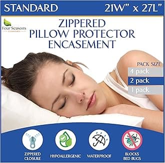 Four Seasons Essentials Standard Pillow Protectors (Set of 2) – Zippered Waterproof Pillow Covers Hypoallergenic Dust Proof Pillowcase Encasement Cover