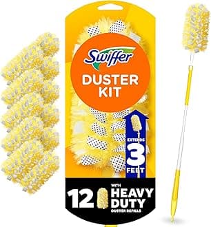 Swiffer Duster Kit with 3 ft Extendable Handle, Heavy Duty Dusting Starter Kit with 12 Refills, for Ceiling Fans, Vents and Hard to Reach Places