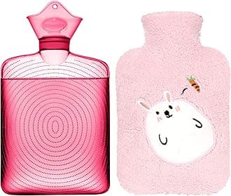 samplyHot Water Bottle with Cute Fleece Cover, 2Liter Water Bag for Hot and Cold Compress, Hand Feet Warmer, Neck and Shoulder Pain Relief, Pink Rabbit