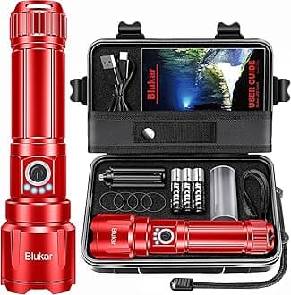 Blukar Rechargeable Flashlight High Lumens, Super Bright LED Powerful Tactical Torch - 5 Light Modes, Zoomable, Long Lasting, Waterproof Handheld Flash Light for Emergency, Camping, Hiking-Red