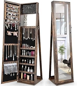 CHARMAID Jewelry Armoire with Full Length Mirror, Lockable Standing Jewelry Cabinet Organizer with Large Storage Capacity, Inside Makeup Mirror, Stable Base, Easy Assembly (Rustic Brown)