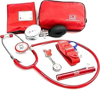 Aneroid Blood Pressure Sphygmomanometer Monitor, Stethoscope, Pen Light (Pen Torch), Tourniquet, Nurse Watch, Lanyard ID Card Holder - Starter Set (Red with Butterfly Watch)