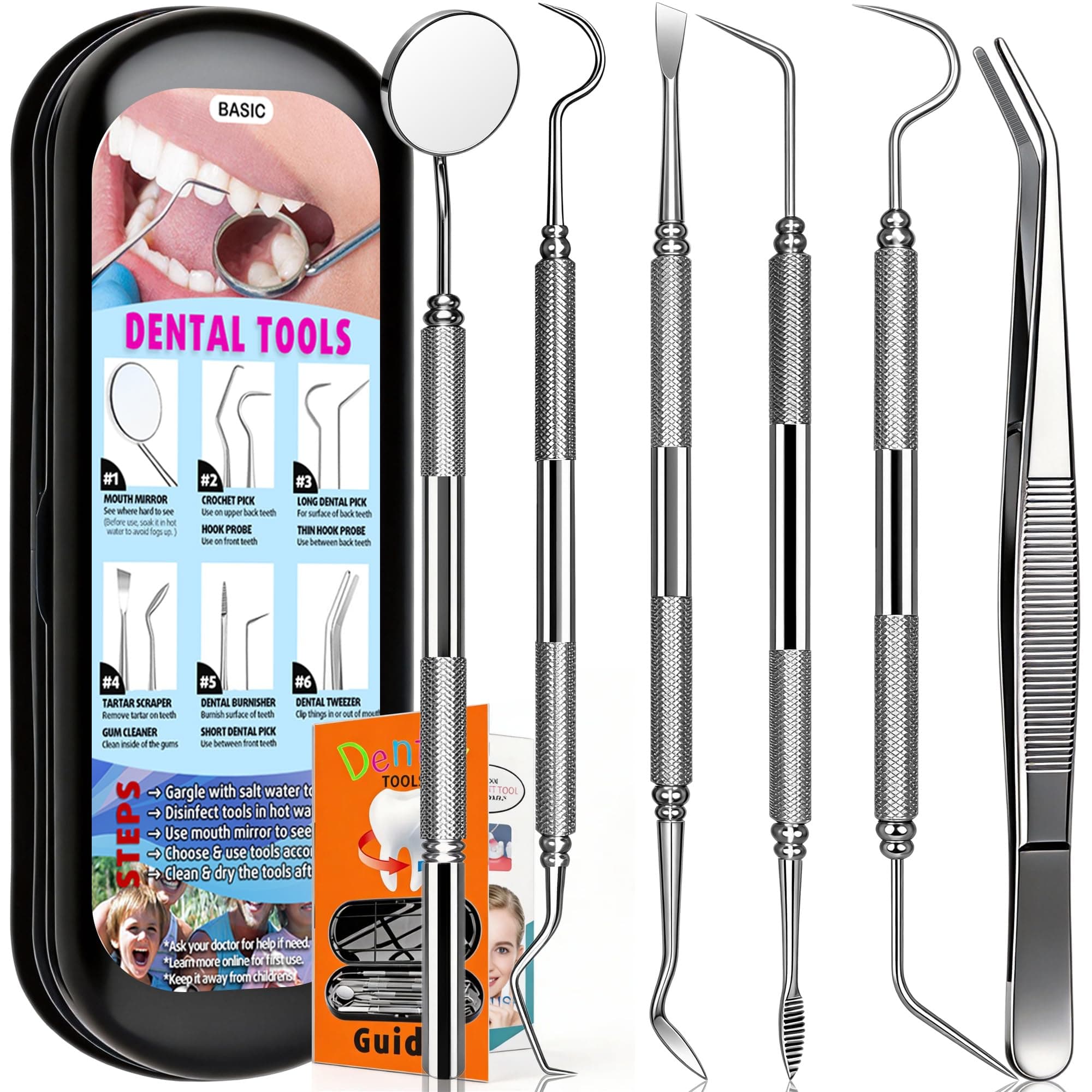 Dental Tools Plaque Remover Teeth Cleaning Tools Kit 6 Pcs Dental Care Kit Stainless Steel Dental Pick Tartar Remover Tool for Home/Travel/Pet Care-Storage Case Included
