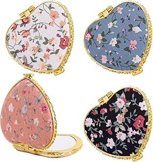 AUEAR, 4 Pack Small Flower Portable Makeup Mirror Retro Floral Double Sided Purse for Travel Cosmetic Heart