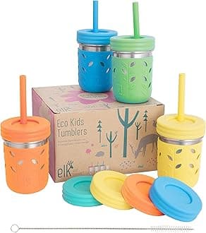 Stainless Steel Cups | Mason Jar 10oz | Kids & Toddler Cups with Silicone Sleeves & Straws with Stopper | Spill proof Smoothie Cups