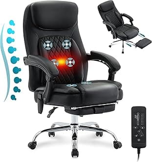 6-Point Massage Office Chair with Heated, Ergonomic Office Chair with Footrest & 45°Reclining High Back, Big and Tall Executive Office Chair 500LBS, Thick Cushion Desk Chair for Home Office, Black(PU)