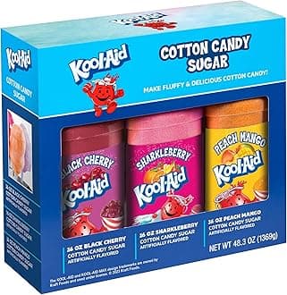 Nostalgia Kool-Aid Cotton Candy Variety Kit – 3 Flossing Sugar Flavors (Black Cherry, Sharkleberry, Peach Mango) – 7-oz Bottles – Compatible with Cotton Candy Makers – Party Supplies