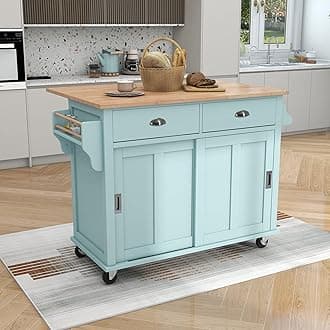 Delicate Rolling Kitchen Island Cart with Rubber Wood Drop-Leaf Countertop and Lockable Rollers,Storage Cabinet and 2 Drawers,Sliding Barn Door (Mint Green#E)