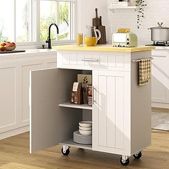 SUNLEI Rolling Kitchen Island Cart with Storage & Drawer – 26" Portable Kitchen Cart with Lockable Wheels, Towel Rack & Open Shelves for Kitchen, Dining Room, Living Room(White)