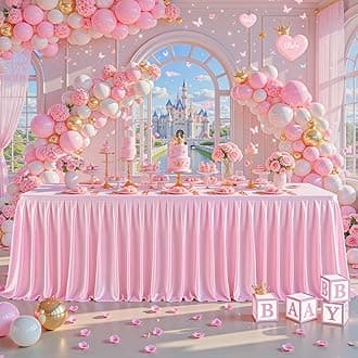 4FT Pink Satin Tablecloths for Rectangle Tables - Shiny Spandex Party Table Cover with Pleated Table Skirt, No-Wrinkle & Glossy Wedding Tablecloth One-Piece for Birthday Baby Shower Banquet Ceremony