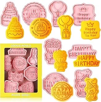 Hoolerry 8 Pcs Birthday Theme Cookie Cutters Set 3D Cake, Happy Birthday, Flower, Balloon, Bear Shape Cookie Cutters Stamps for Party Baking and Decoration DIY Supplies