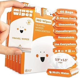 Impossibly Compact Travel Wipes - 99.5% Water - Safe for Sensitive Skin & Hypoallergenic, Resealable, Thick & Durable - For Adults, Kids & Baby Care - Unscented, 60 Pack Total 360 Wipes