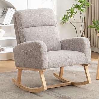 Rocking Chair Nursery, Sherpa Nursing Rocking Chairs, Upholstered Nursery Glider Rocker for Mom Nursery Morden Accent Rocking Chair with Side Pocket for Living Room,Bedroom,Teddy Gray