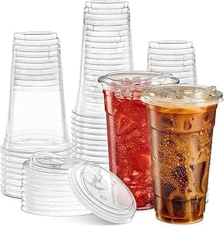 24 oz. Clear Cups with Straw less Sip-Lids, PET Crystal Clear Disposable 24 oz Plastic Coffee Cups with Lids [50 Sets]