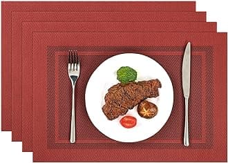 SHACOS Woven Vinyl Placemats Set of 4 Wipe Clean Place Mats for Dining Table Heat Resistant PVC Weave Table Mats Indoor Outdoor (4, Frame Red)