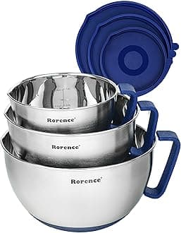 Rorence Mixing Bowl Set with Lids - Stainless Steel Mixing Bowls with Handles, Non-Slip Bottom and Pouring Spout - Blue