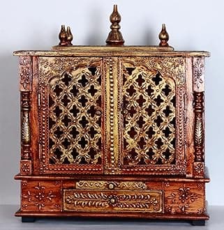 UNIVERSAL ART Mango Wooden Temple, Mandir,Pooja Ghar/Mandapam with Door & Drawer for Home and Office | Handcrafted Rajasthani Wall Mounted Engineered Ethnic Pooja Stand Mandir (Brown, 30×50×60 CM)