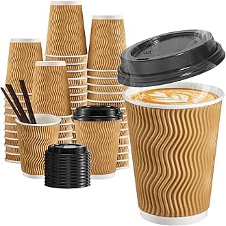 SIUQ 12 oz Coffee Cups-90 Pack Disposable Coffee Cups with Lids and Straws, Insulated Ripple Wall To Go Paper Coffee Cup for Coffee, Hot Chocolate and Hot Tea Drinks - Champagne