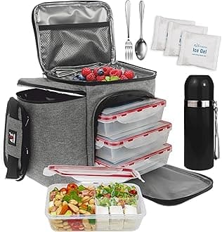 Meal Prep Lunch Box - 8 piece set - Insulated Container For Women or Men - 3 Bento style boxes (BPA Free) in Large Lunch Bag- Microwave Safe - Includes Fork, Spoon, Thermos & 2 Ice Packs - A2S
