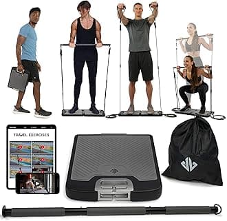 EVO Gym - Portable Home Gym Strength Training Equipment, at Home Gym | All in One Gym - Resistance Bands, Base Holds Gym Bar & Handles for Travel | Portable Gym & Home Exercise Equipment