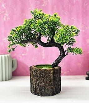 Plastic Small Artificial Plant Bonsai Tree Fake Plant Potted House Plants Japanese Pine Bonsai Plant Faux Bonsai For Home Indoor Decoration Office(Wooden Potted Plants,Design-H)