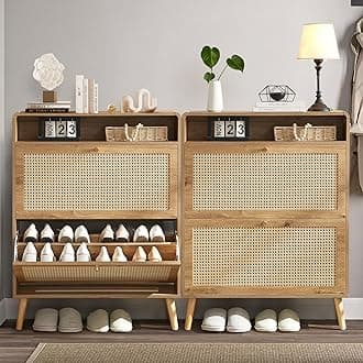 Rattan Shoe Cabinet with 2 Flip Drawers, 32 Pairs Narrow Shoe Storage Cabinet for Entryway Freestanding Hidden Shoe Rack, Modern Slim Wood Shoe Organizer for Hallway, Natural