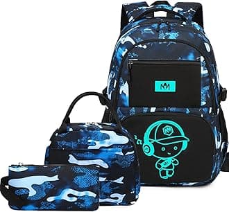 BluboonSchool Backpack for Boys Teens Bookbag Travel Daypack Kids Girls Lunch Bag Pencil Case (Camo Blue-3pcs)