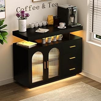 HWB RGB LED Coffee Bar Cabinet, Kitchen Storage Cabinet & Sideboard Buffet Cabinets Wood Coffee Bar Table with Shelf Capacity for Dinning Room,Living Room,Kitchen(Black)