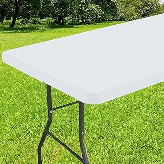 Smiry Rectangle Tablecloth, Elastic Fitted Flannel Backed Vinyl Tablecloths for 8ft Folding Tables, Waterproof Wipeable Table Covers for Indoor, Outdoor, Picnic and Camping (White, 36"x96")