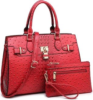Dasein Women Handbags and Purses Ladies Shoulder Bag Top Handle Satchel Tote Work Bag with Wallet (3-Ostrich New Handles Red)