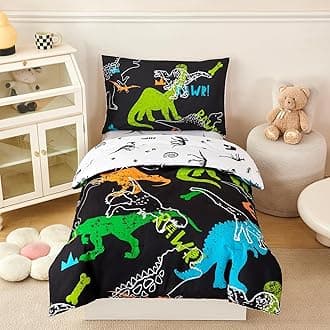 PERFEMET 4-Piece Boys Toddler Bedding Sets Cartoon Dinosaur Comforter Set for Girls Kids Soft Reversible Colorful Animal Bed Set for Toddler(Dinosaur, Toddler)