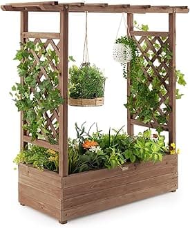 COSTWAY Garden Planter with Trellis, Hanging Roof and Drainage Holes, Weather-Resistant Wooden Raised Bed for Vine Climbing Plants, Outdoor Trough Container Grow Box Flower Pot (Brown, 110x44x113cm)