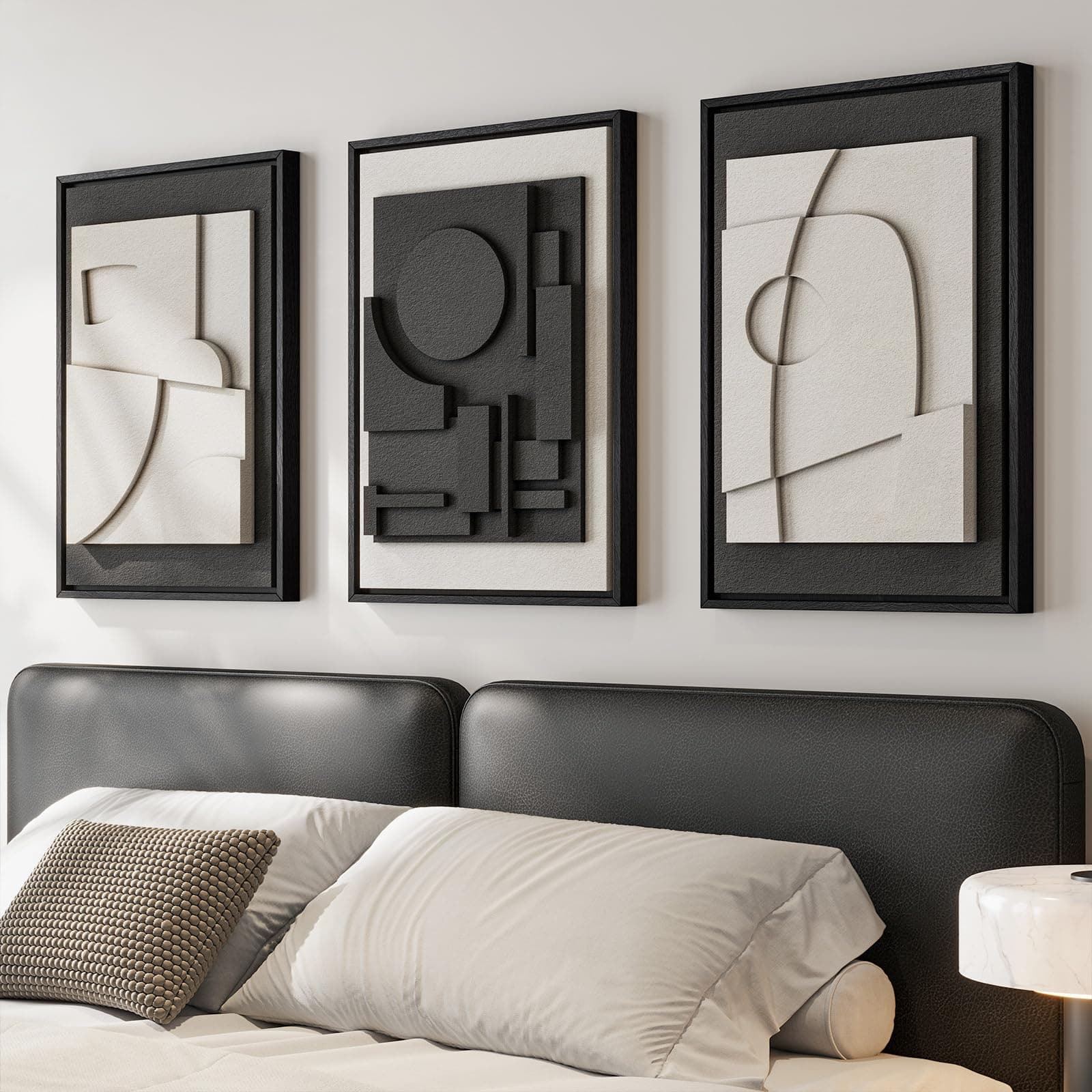 3D Textured Framed Black and White Abstract Wall Art for Bedroom, 3 Piece Modern Paintings Artwork for Walls, Minimalist Black White Geometric Pictures for Living Room, Dining Room Wall Decor 16x24 In
