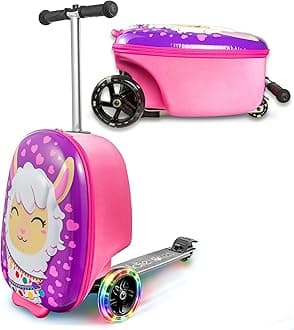 KIDDIETOTES 3D Hard Shell Ride-On Suitcase Scooter for Kids - Cute and Lightweight Carry-on Luggage for Kids with LED Lighted Wheels, Pink, 13.5 Inch x 9 Inch x 20 Inch, Alpine Lama, Pink