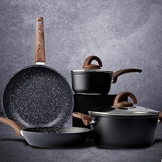 Pots and Pans Set Non Stick, Ceramic Cookware Set with Granite Pattern Kitchen Cooking Sets Induction Pot and Pan w/Frying Pans, Saucepans, Casserole, Non-Toxic, PTFE/PFOA/PFOS-Free, Black