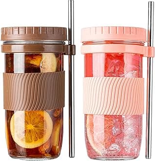 2 Pack Bubble Tea Cup, 24oz Iced Coffee Cups, Mason Jar with & Straws & 2 Airtight Lids, Reusable Wide Mouth Smoothie Boba Cup, Clean Brush, Glass Cups, Travel Drinking Bottle