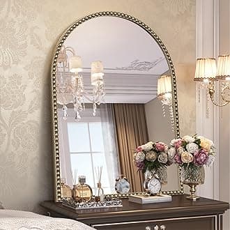 Arched Beaded Mirror for Bathroom, 24"x32" Antique Gold Arch Vanity Wall Mirror, Retro Brass Metal Frame Champagne Bronze Mirrors for Bedroom Dressing Room Entryway Fireplace