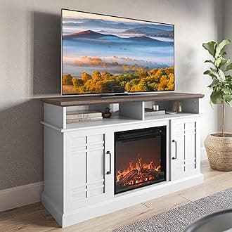 BELLEZE 48" TV Stand with 18" Electric Fireplace Heater, Modern TV Stand for TVs up to 50", Entertainment Media Stand with Open Shelves and Storage Cabinets for Living Room, Bedroom (White)