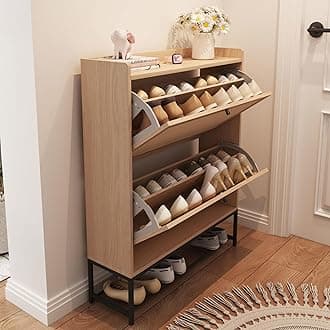 AVZEAR Narrow Shoe Storage Cabinet for Entryway with 2 Flip Drawers, Freestanding Shoe Cabinet with Natural Linen Panel, Slim Wood Shoe Organizer Closed Shoe Rack for Hallway, Foyer, Natural