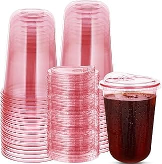 50 Sets Disposable Stemless Glasses With Strawless Sip Lids,PET Drinking Cups,Clear Plastic Coffee Cups for Iced Coffee, Smoothie, Cold Beverage, Drink Shop and Christmas Party Supply (Pink, 16 oz)