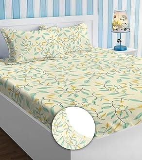 BSB HOME Premium Cotton Elastic Fitted Bedsheets with 2 King Size Pillow Covers | Double Bed with All Around Elastic 180 TC Supersoft | (72x78,Silver & Beige)